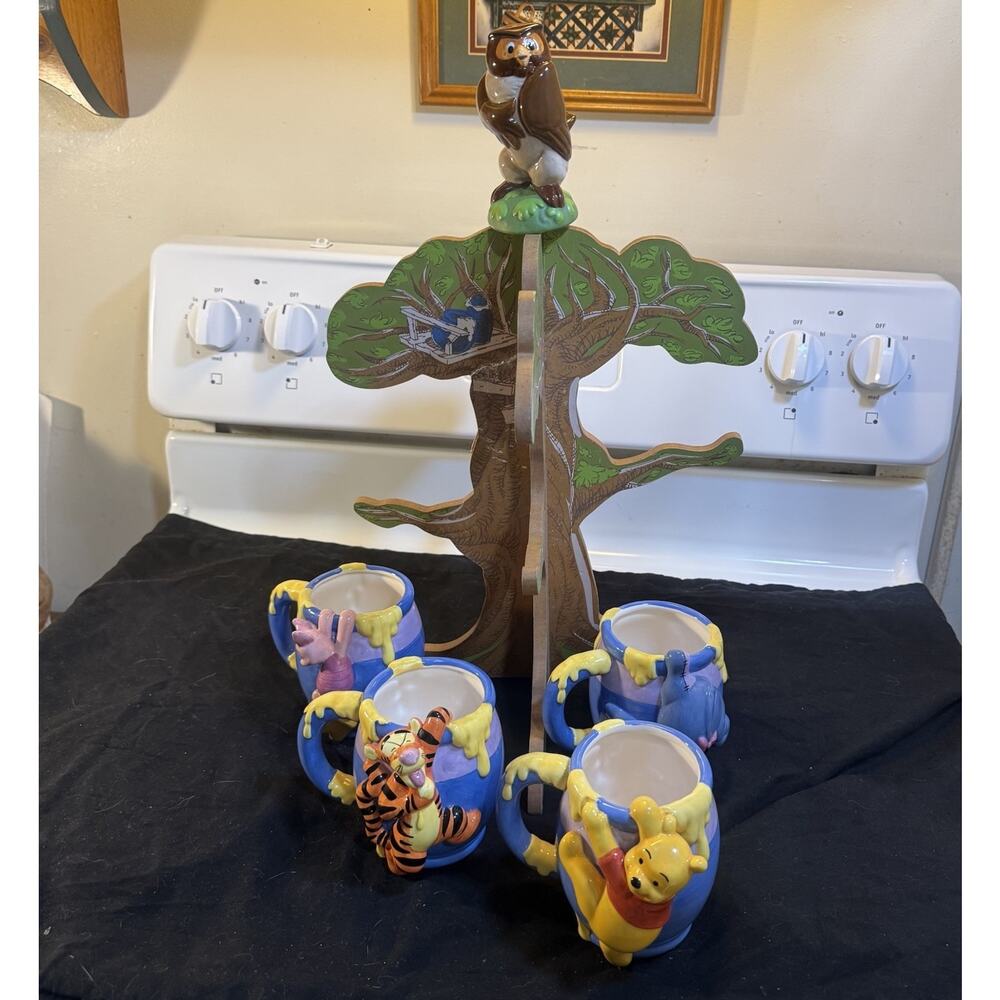 Disney Pooh & Friends Coffee Mug Tree Hang Set Complete Rare Read Description